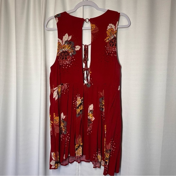 Free People Lovely Day Red Floral Tie Front Tunic Mini Dress S Boho Flowy Boxy - Picture 6 of 9